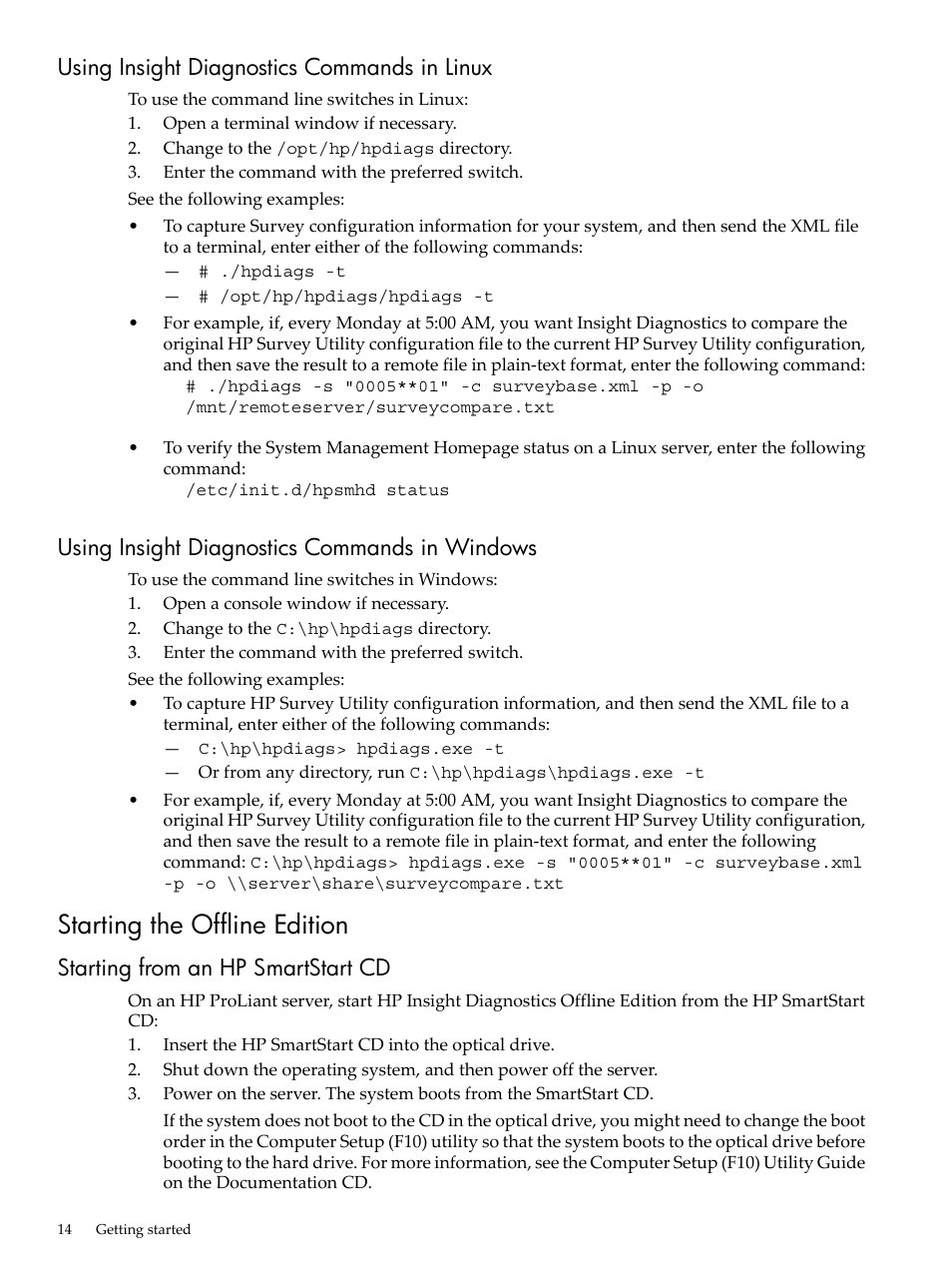 Using insight diagnostics commands in linux, Using insight diagnostics commands in windows, Starting the offline edition | Starting from an hp smartstart cd | HP Insight Diagnostics Software User Manual | Page 14 / 40