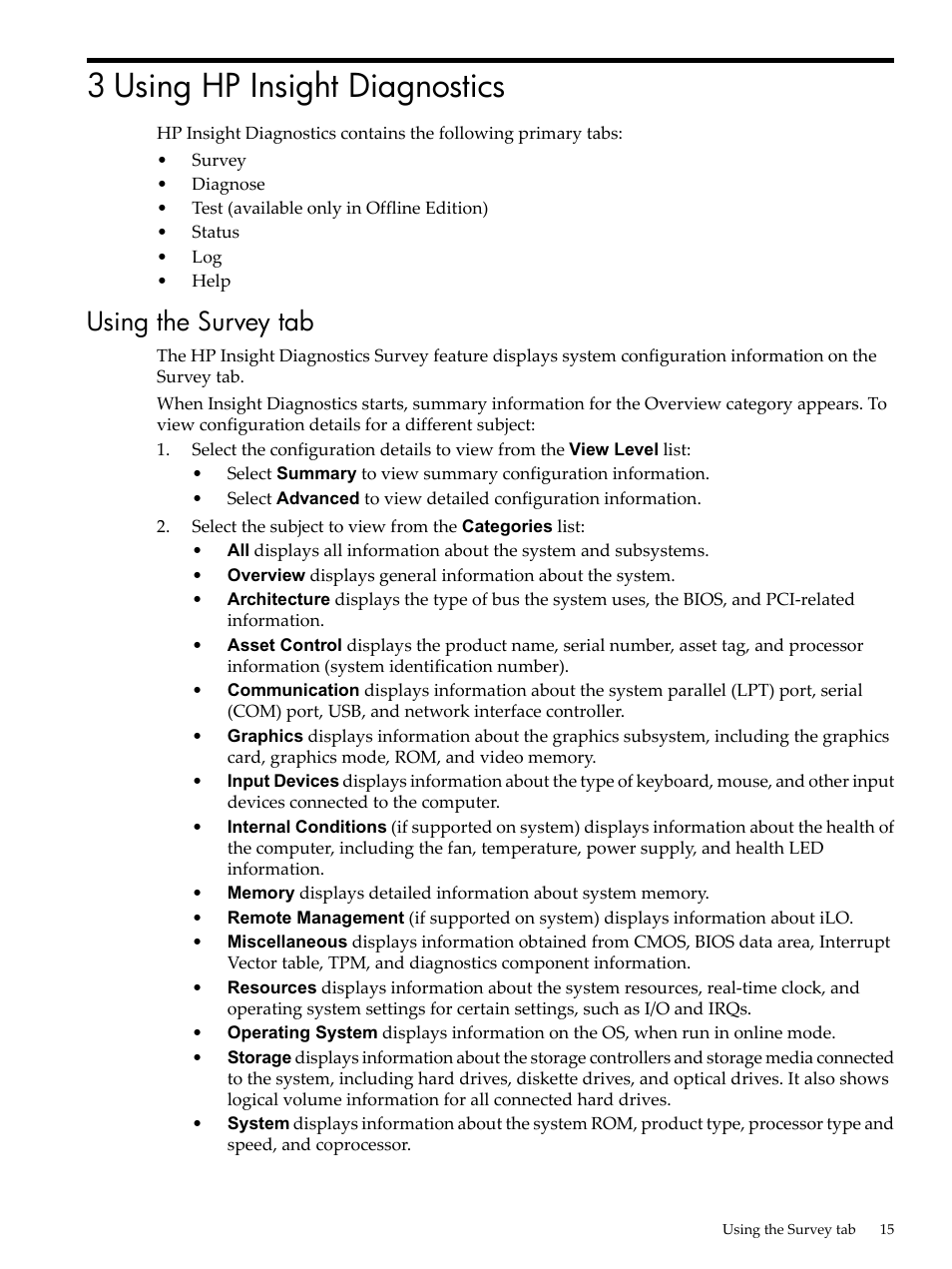 3 using hp insight diagnostics, Using the survey tab | HP Insight Diagnostics Software User Manual | Page 15 / 40