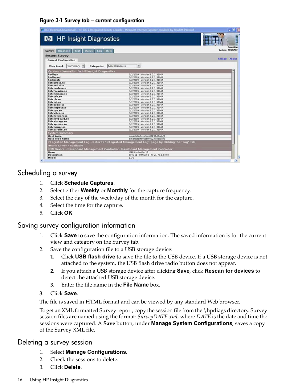 Scheduling a survey, Saving survey configuration information, Deleting a survey session | Survey tab – current configuration | HP Insight Diagnostics Software User Manual | Page 16 / 40