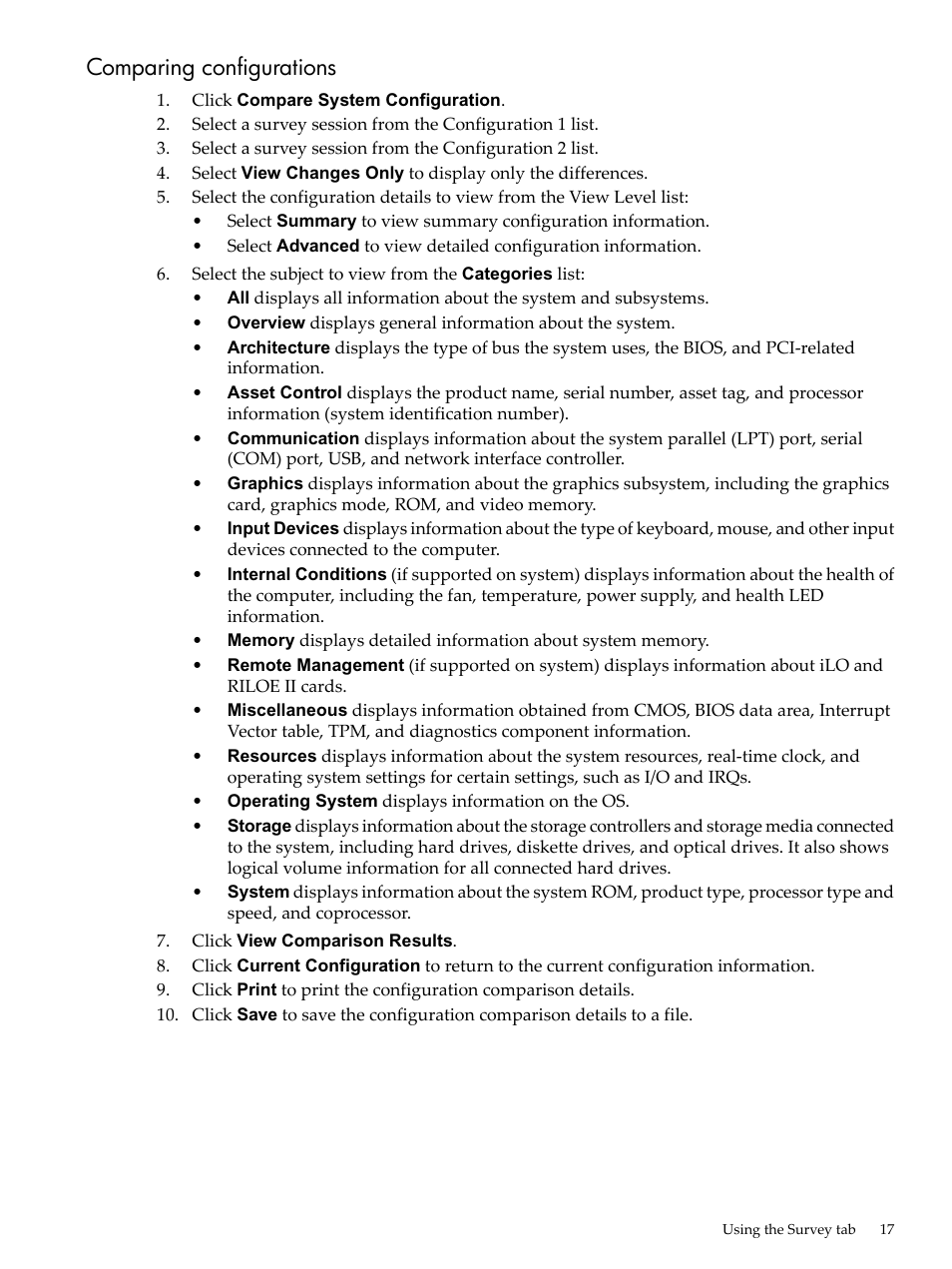 Comparing configurations | HP Insight Diagnostics Software User Manual | Page 17 / 40