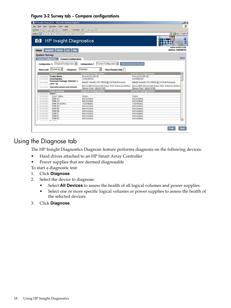 Using the diagnose tab, Survey tab – compare configurations | HP Insight Diagnostics Software User Manual | Page 18 / 40