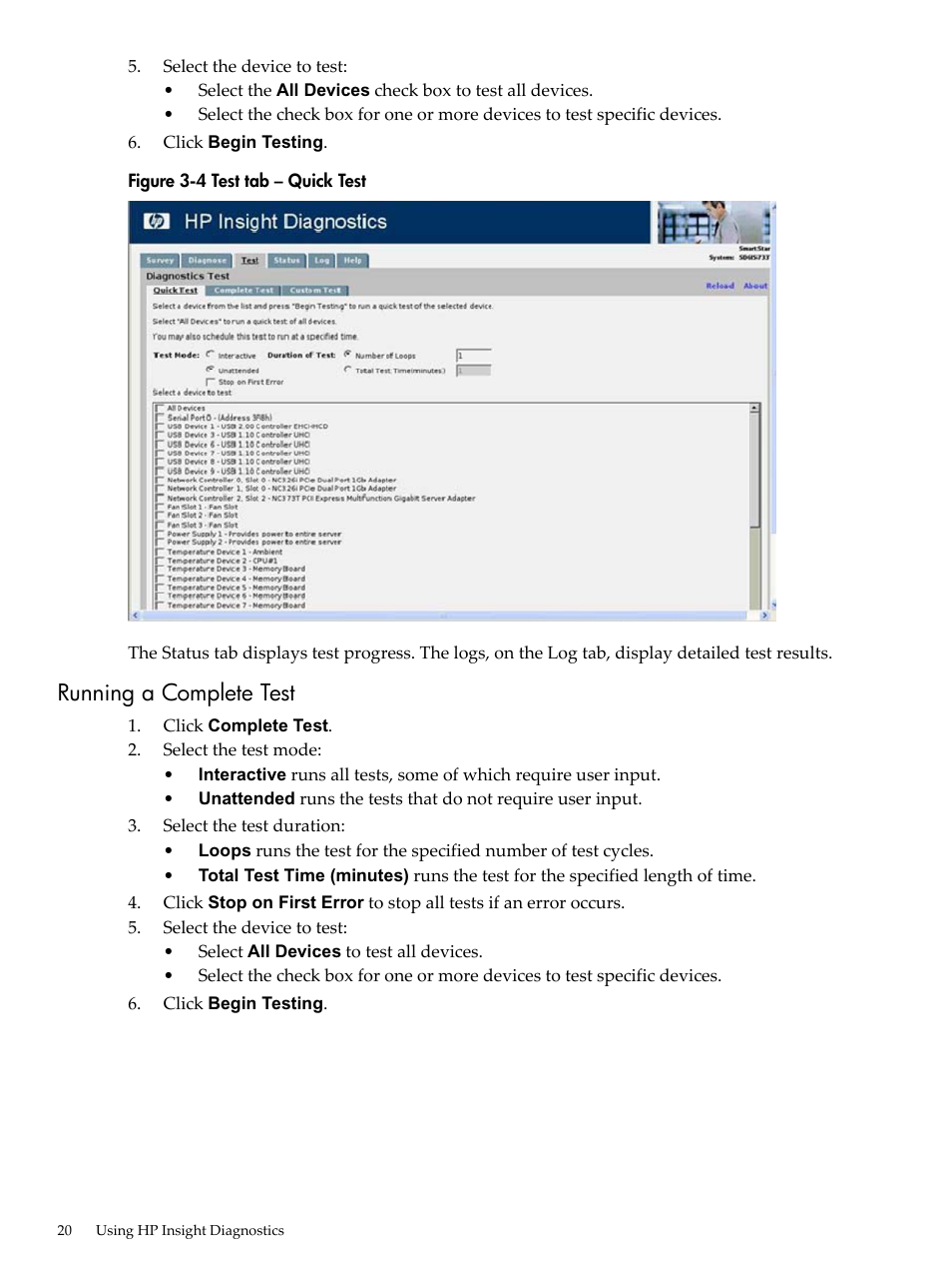 Running a complete test, Test tab – quick test | HP Insight Diagnostics Software User Manual | Page 20 / 40