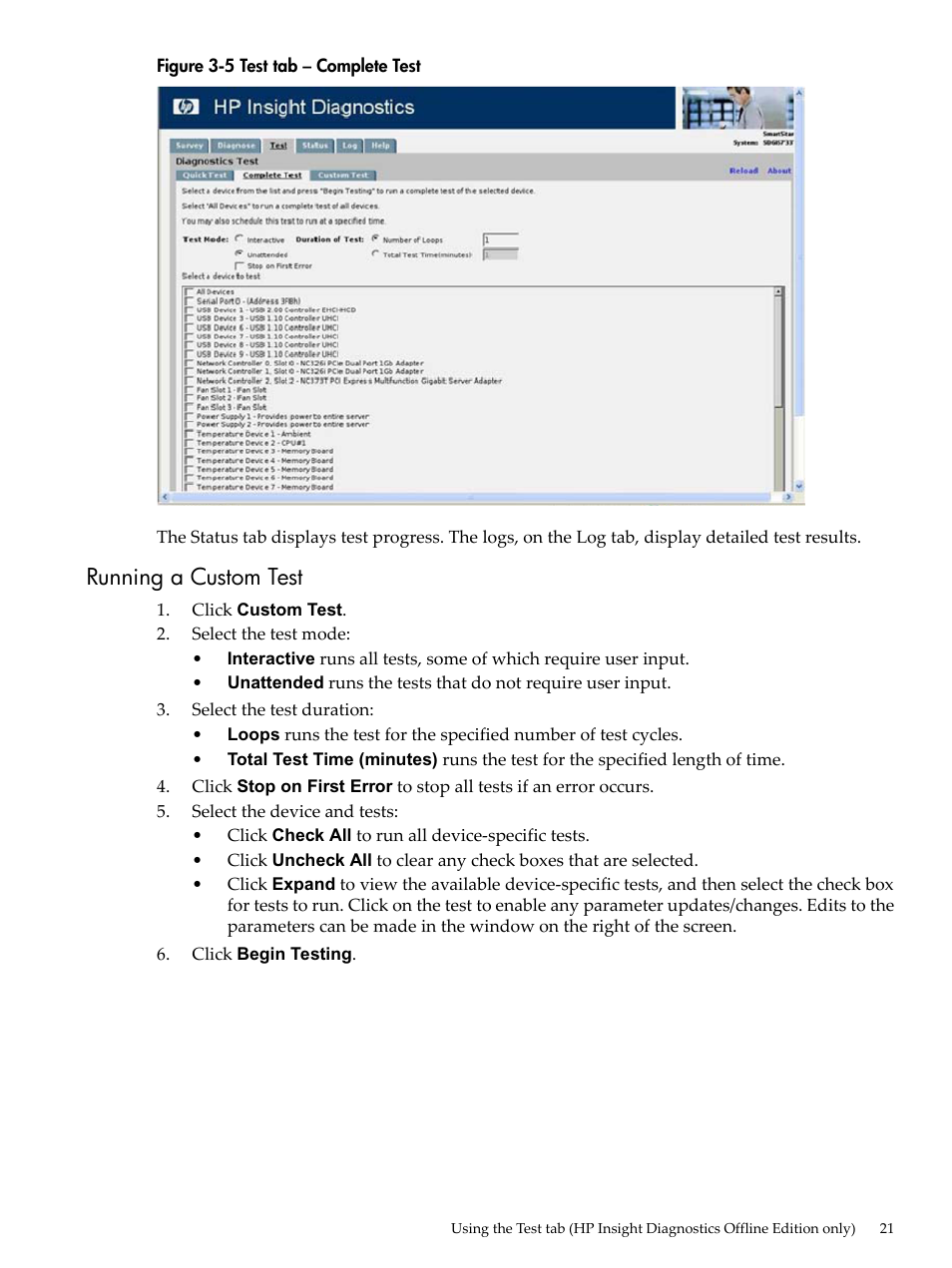 Running a custom test, Test tab – complete test | HP Insight Diagnostics Software User Manual | Page 21 / 40