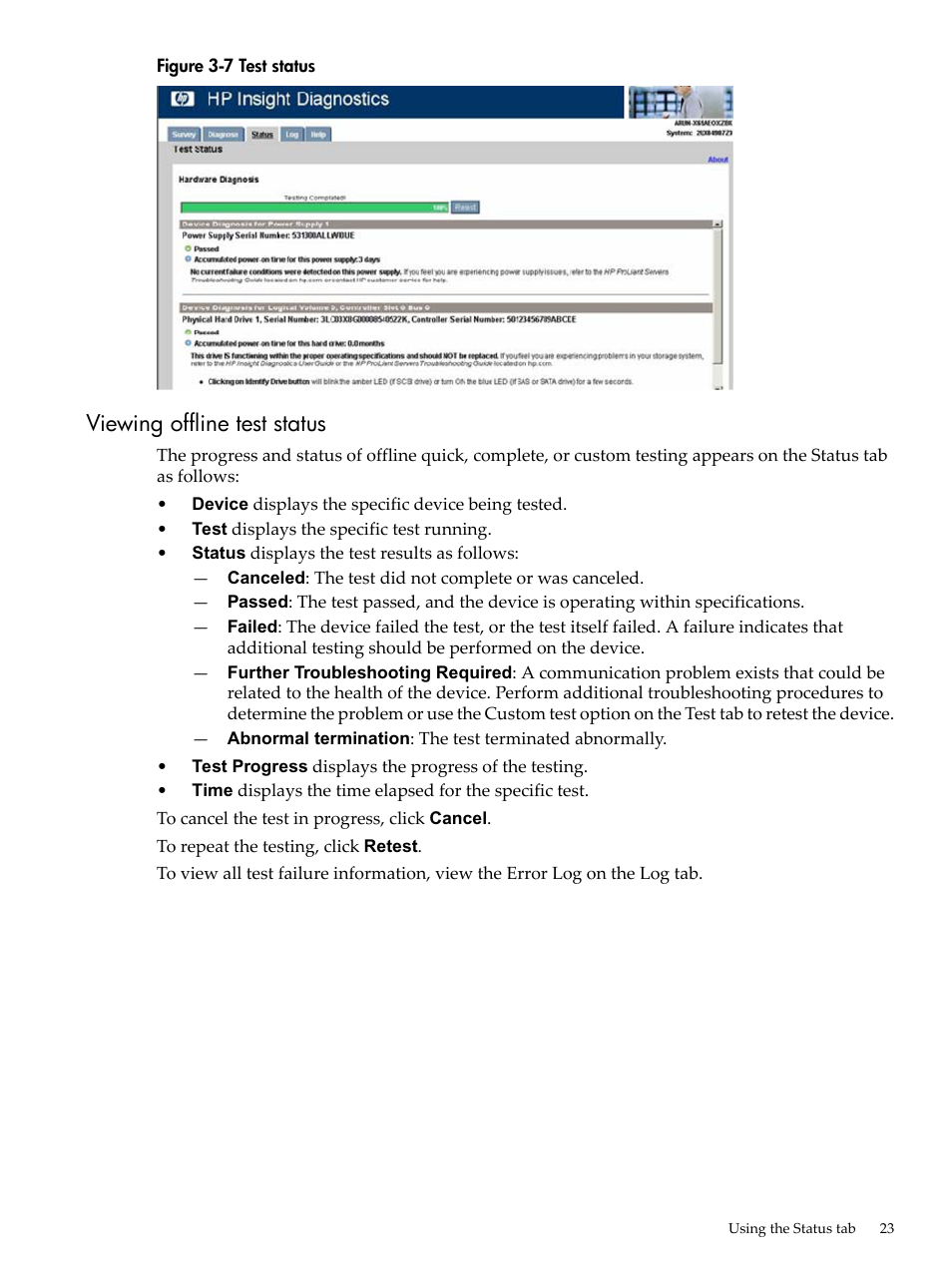 Viewing offline test status, Test status | HP Insight Diagnostics Software User Manual | Page 23 / 40