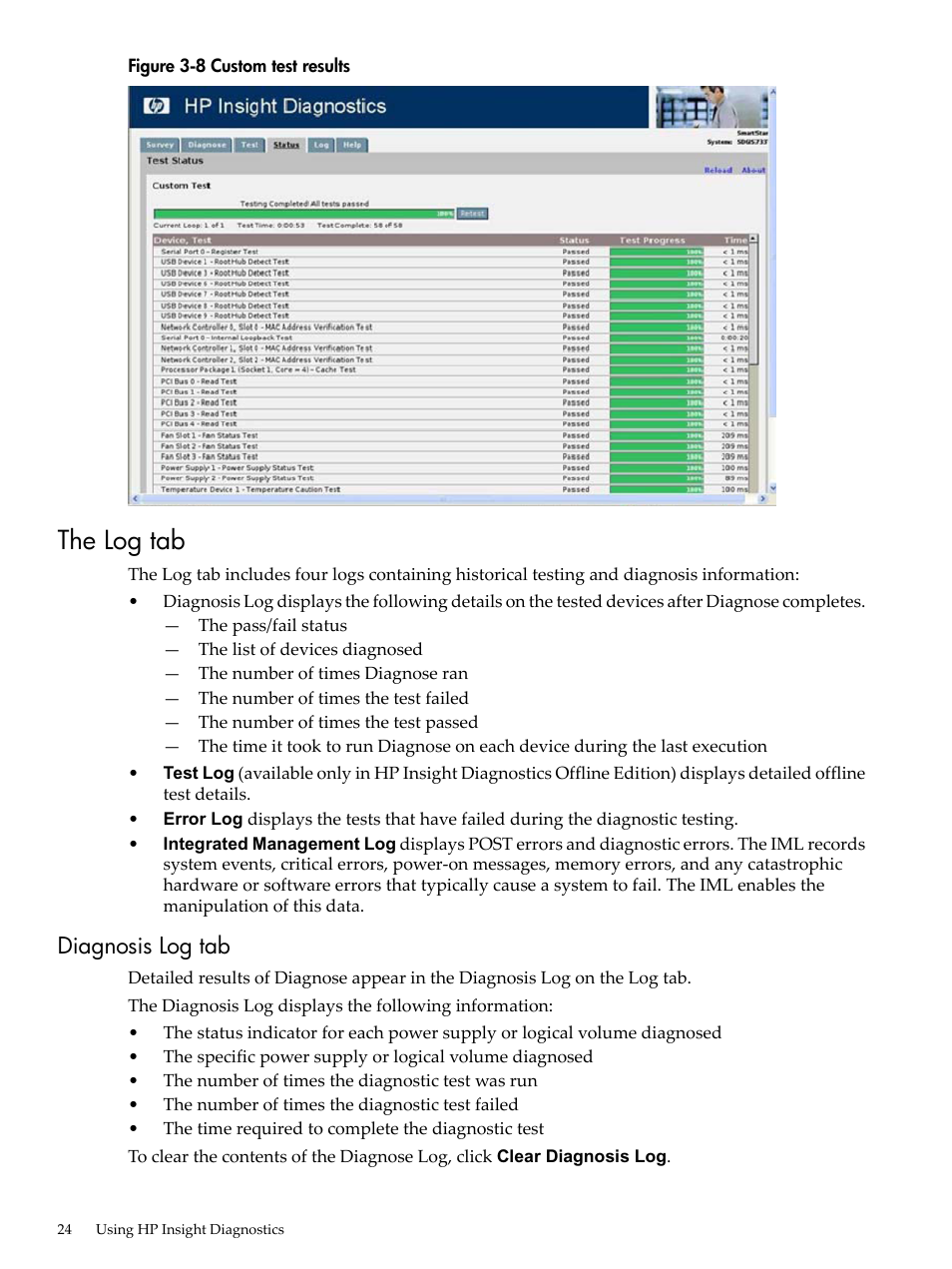 The log tab, Diagnosis log tab, Custom test results | HP Insight Diagnostics Software User Manual | Page 24 / 40