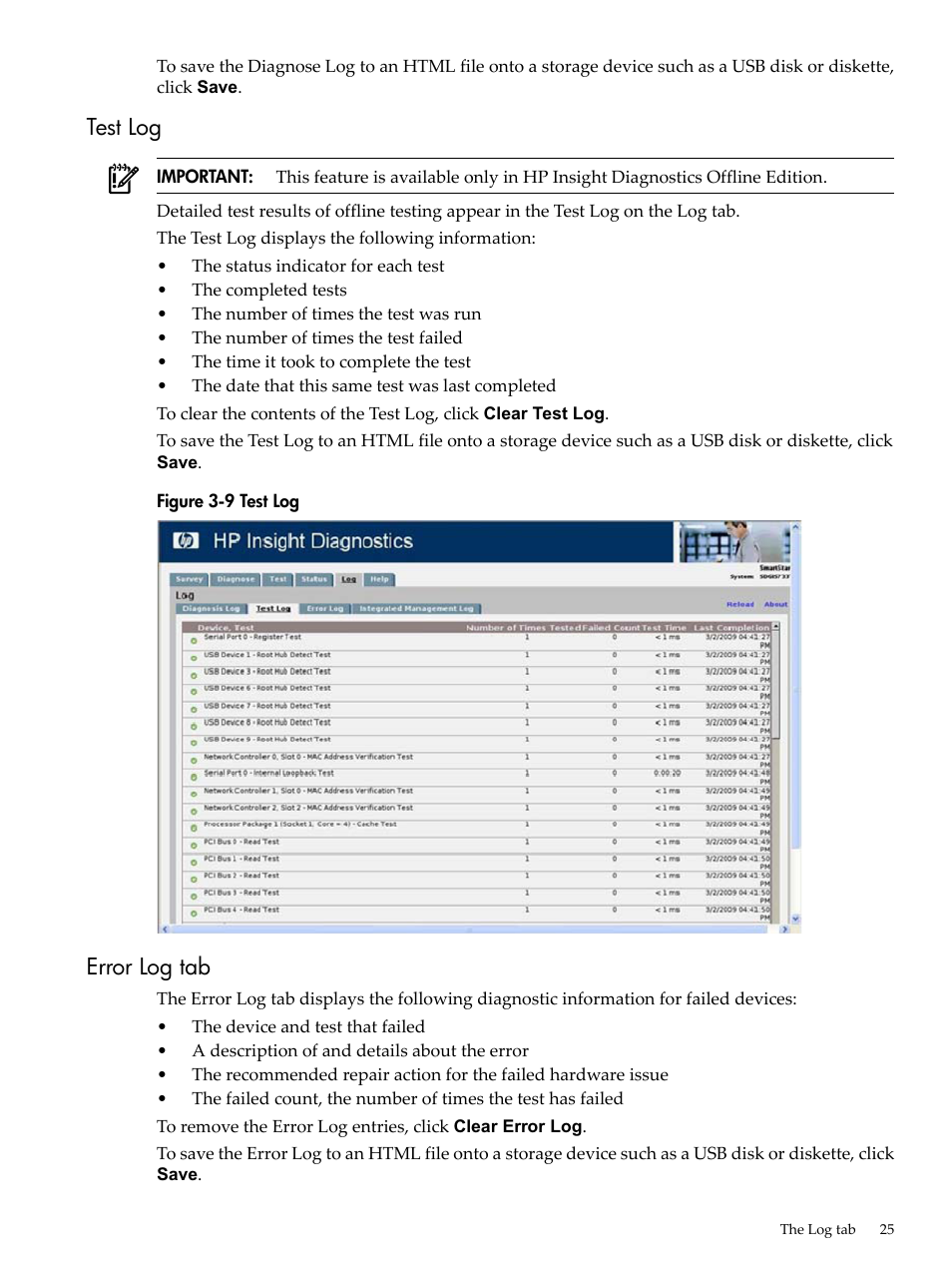 Test log, Error log tab, Test log error log tab | HP Insight Diagnostics Software User Manual | Page 25 / 40