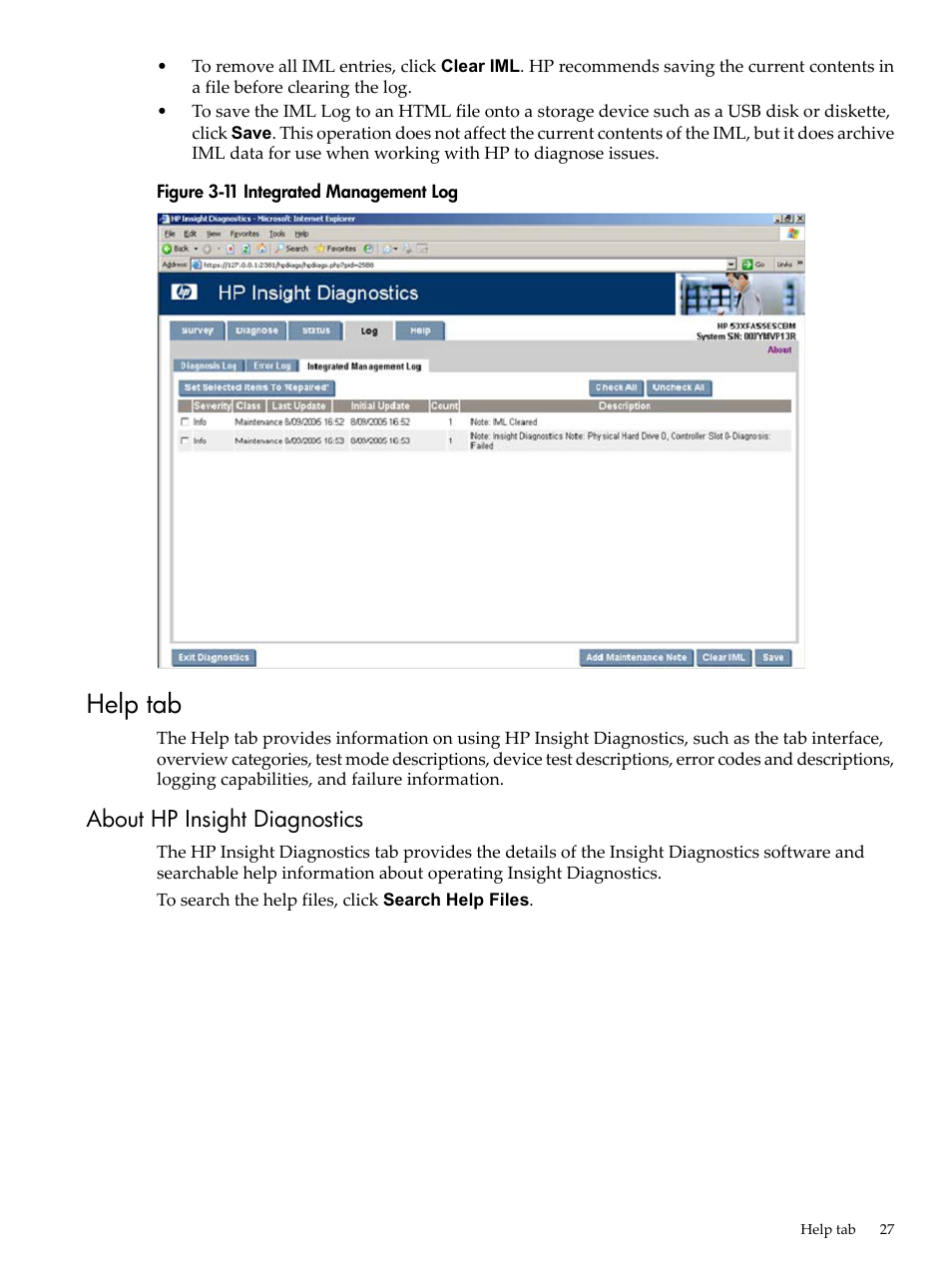 Help tab, About hp insight diagnostics, Integrated management log | HP Insight Diagnostics Software User Manual | Page 27 / 40