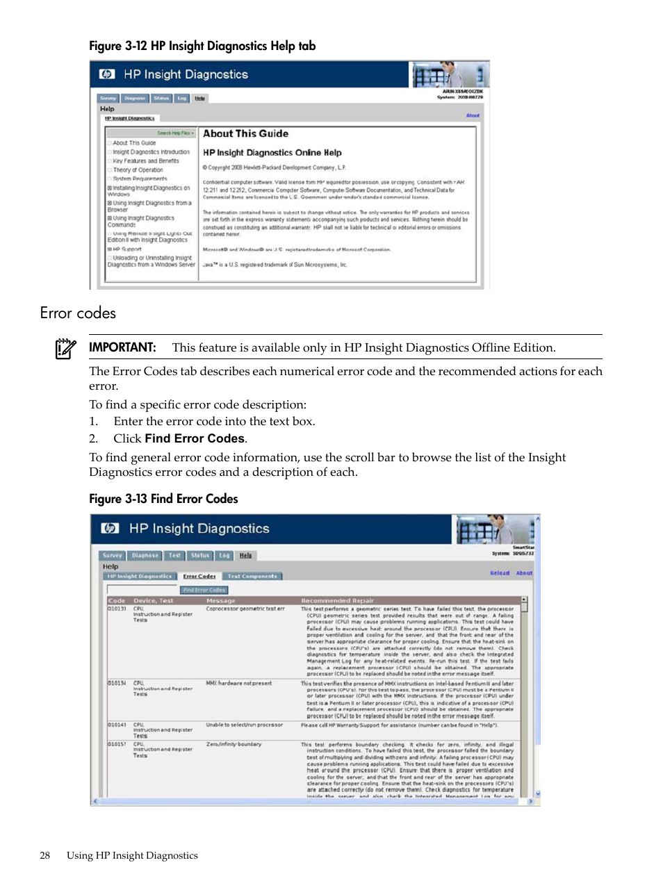 Error codes, Hp insight diagnostics help tab, Find error codes | HP Insight Diagnostics Software User Manual | Page 28 / 40