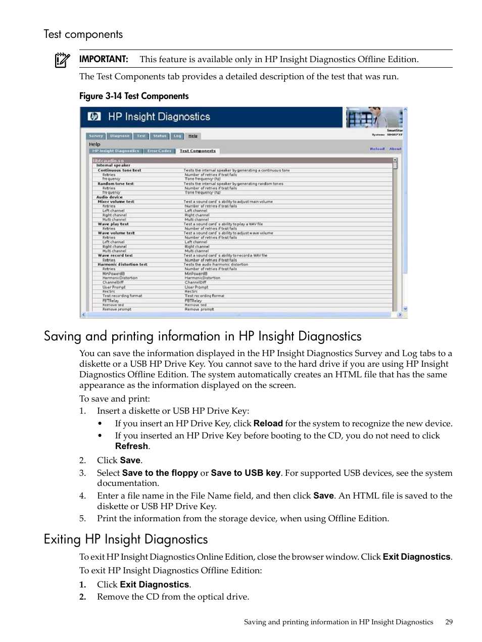 Test components, Exiting hp insight diagnostics | HP Insight Diagnostics Software User Manual | Page 29 / 40