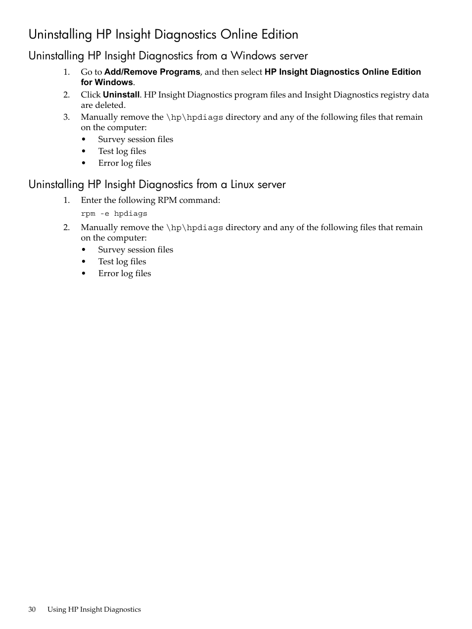 Uninstalling hp insight diagnostics online edition | HP Insight Diagnostics Software User Manual | Page 30 / 40