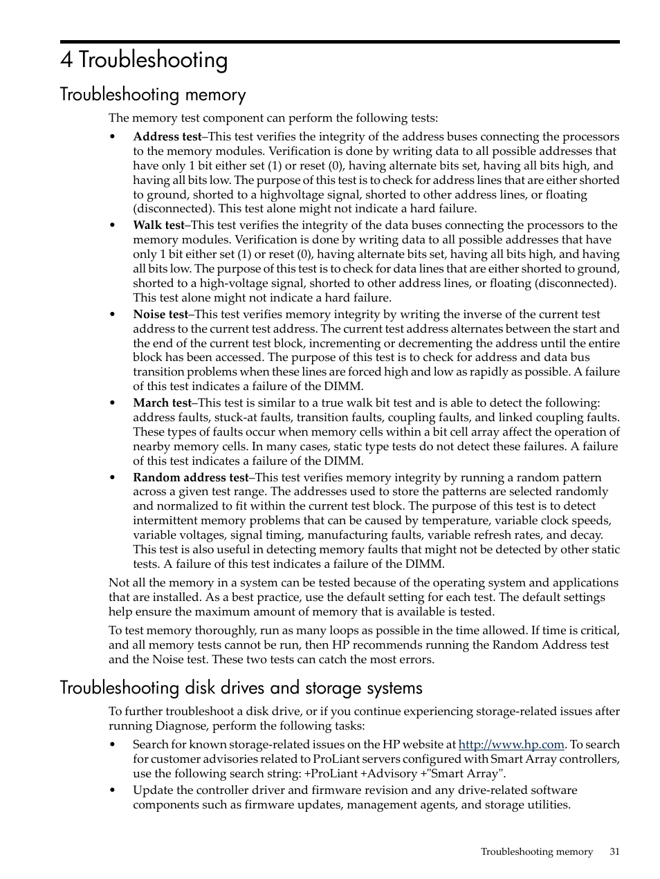 4 troubleshooting, Troubleshooting memory, Troubleshooting disk drives and storage systems | HP Insight Diagnostics Software User Manual | Page 31 / 40