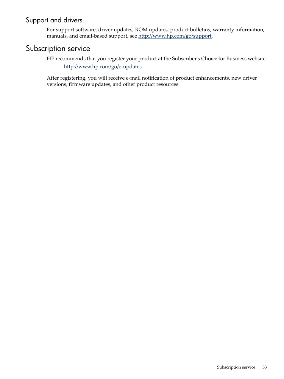 Support and drivers, Subscription service | HP Insight Diagnostics Software User Manual | Page 33 / 40