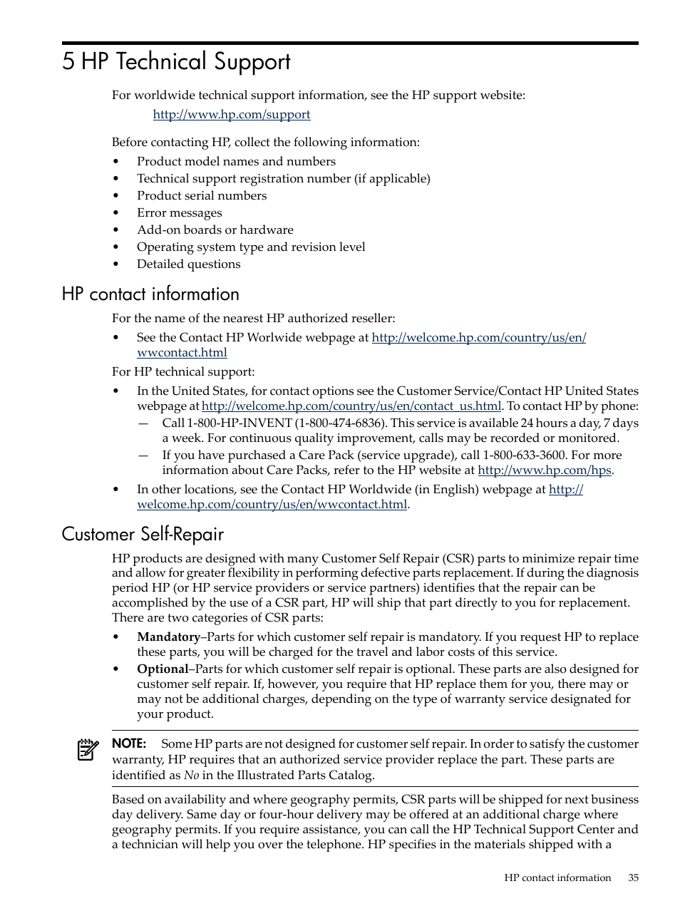 5 hp technical support, Hp contact information, Customer self-repair | Hp contact information customer self-repair | HP Insight Diagnostics Software User Manual | Page 35 / 40