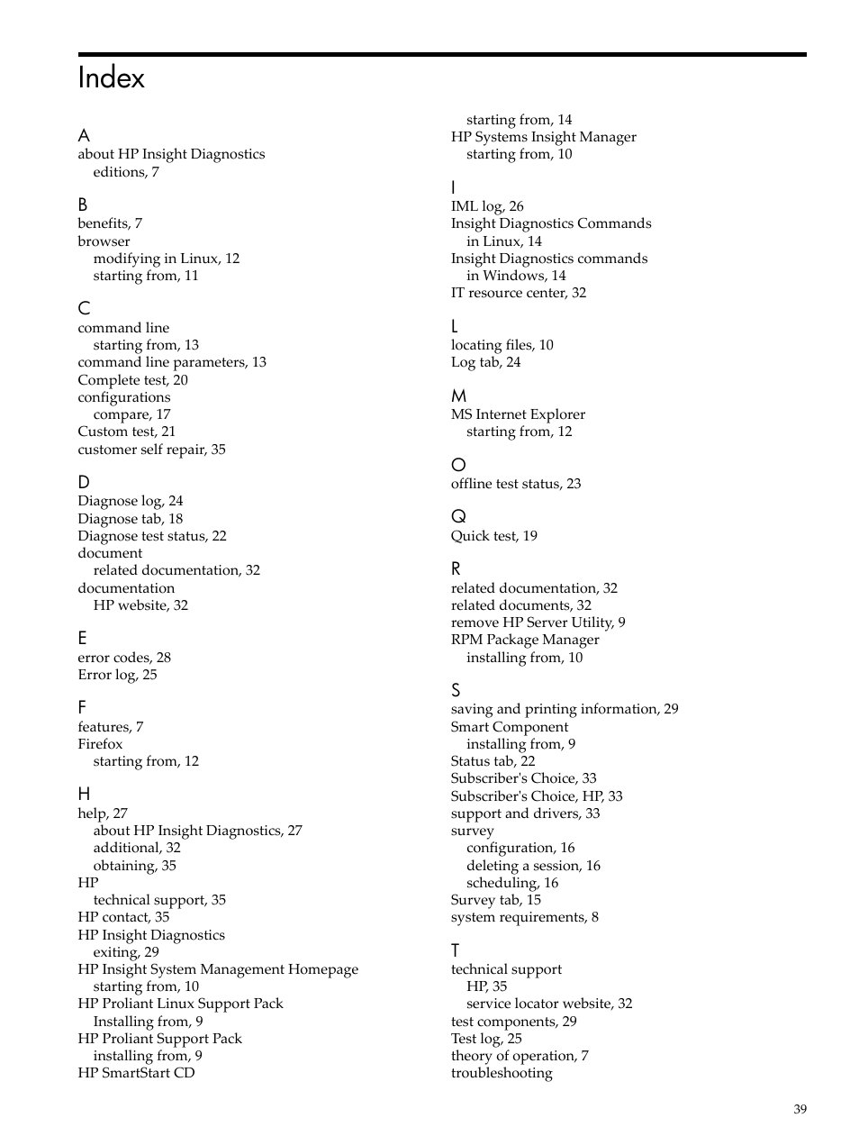 Index | HP Insight Diagnostics Software User Manual | Page 39 / 40