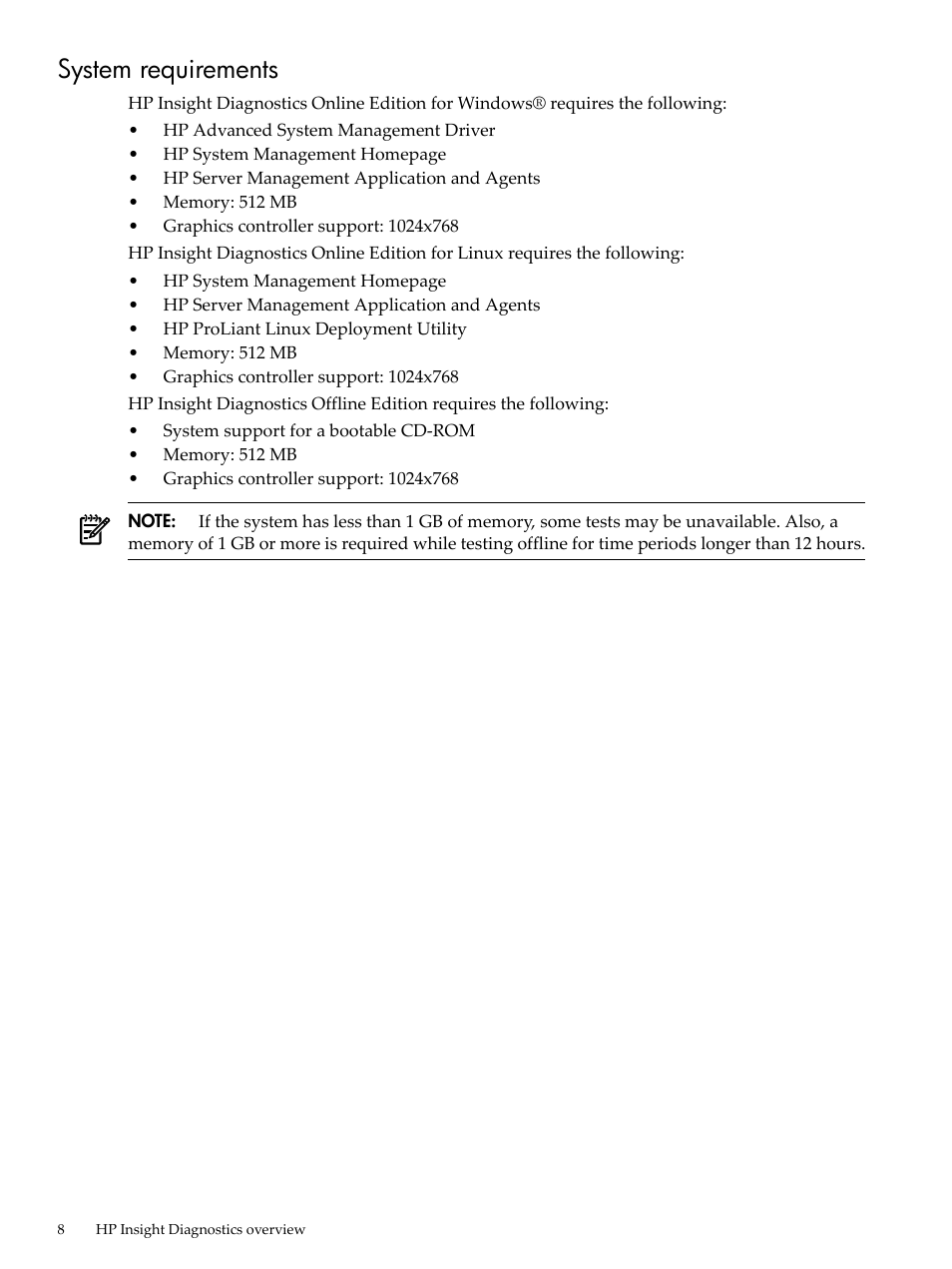 System requirements | HP Insight Diagnostics Software User Manual | Page 8 / 40