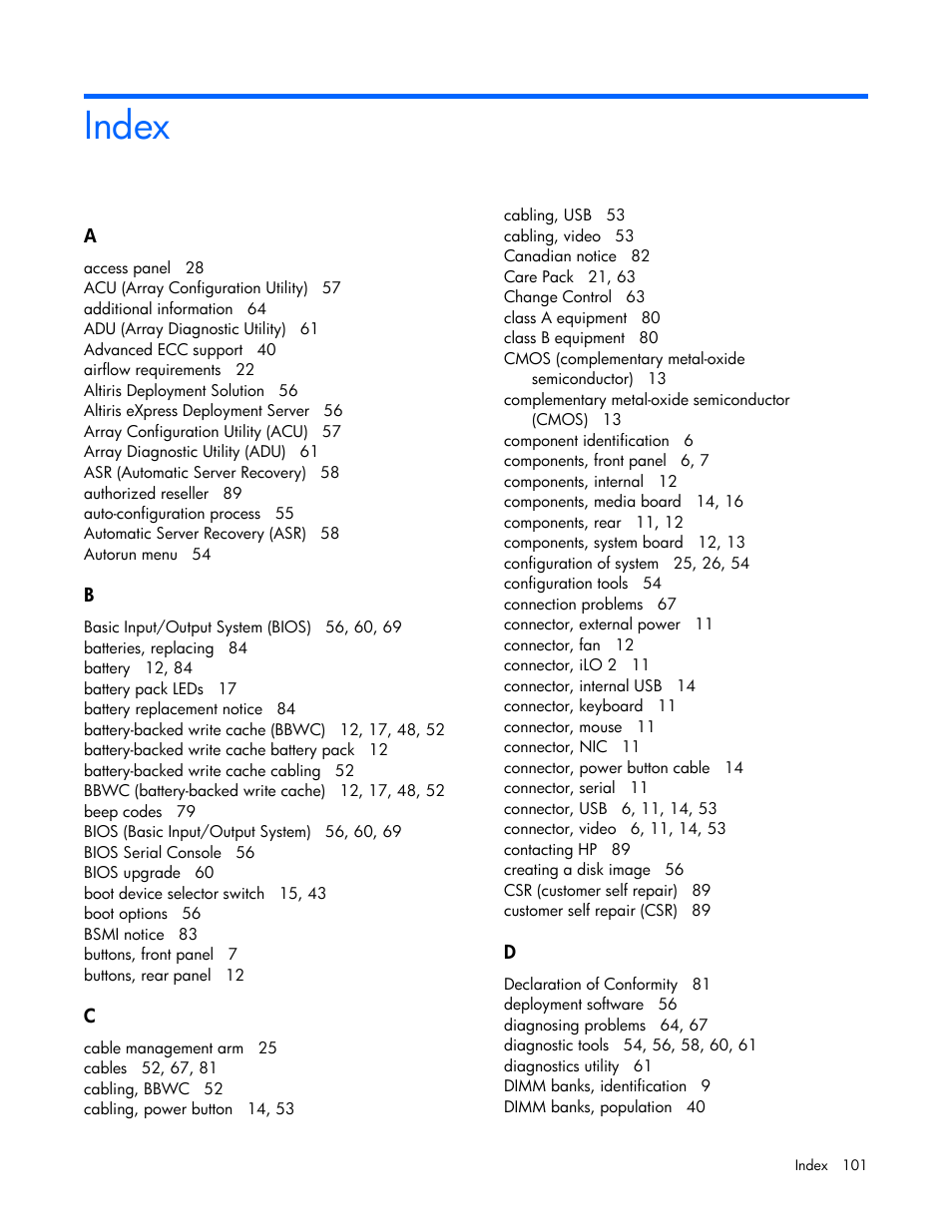 Index | HP ProLiant DL585 G2 Server User Manual | Page 101 / 104