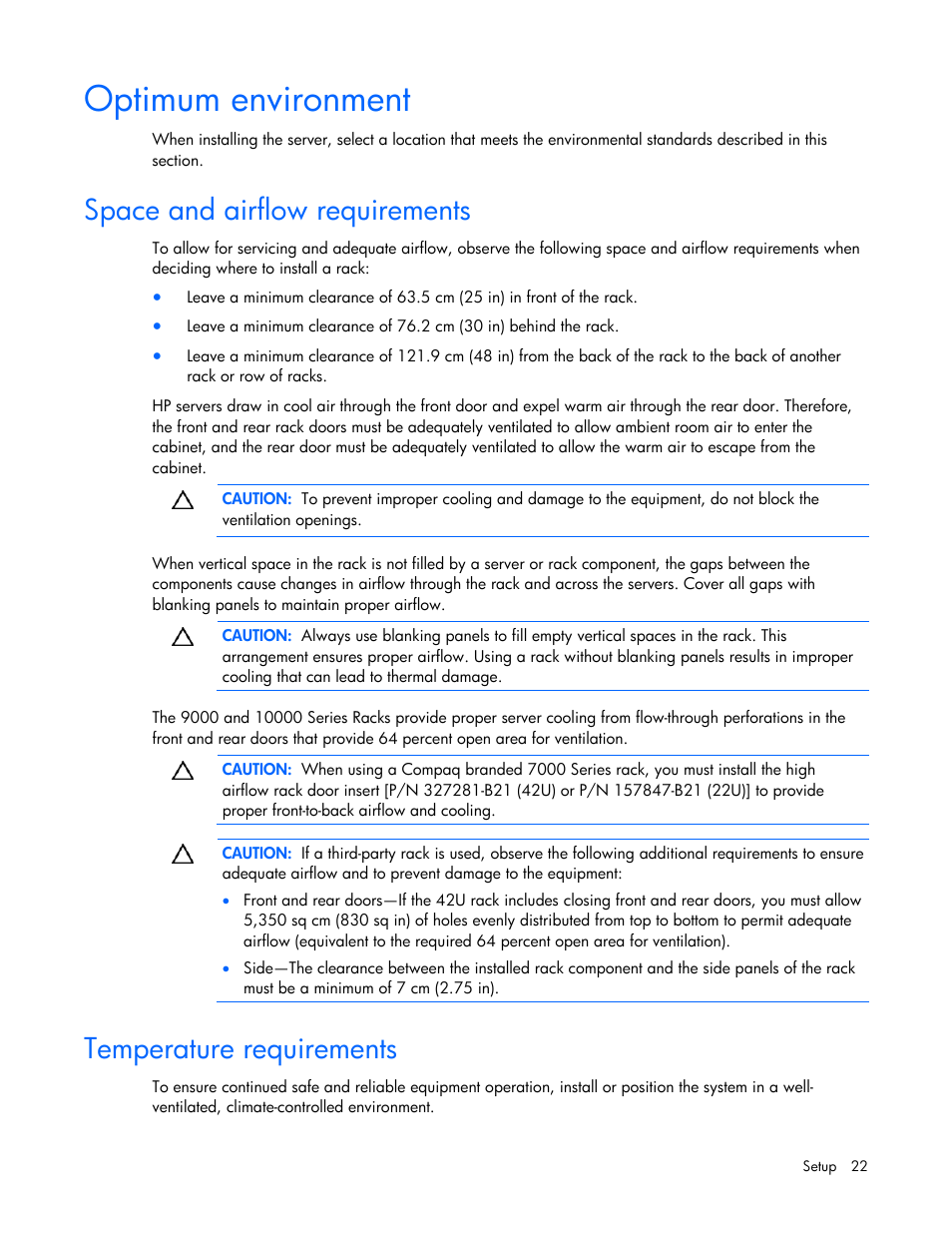 Optimum environment, Space and airflow requirements, Temperature requirements | HP ProLiant DL585 G2 Server User Manual | Page 22 / 104