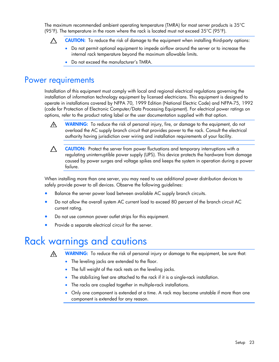 Power requirements, Rack warnings and cautions | HP ProLiant DL585 G2 Server User Manual | Page 23 / 104