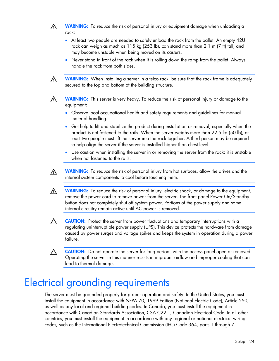 Electrical grounding requirements | HP ProLiant DL585 G2 Server User Manual | Page 24 / 104