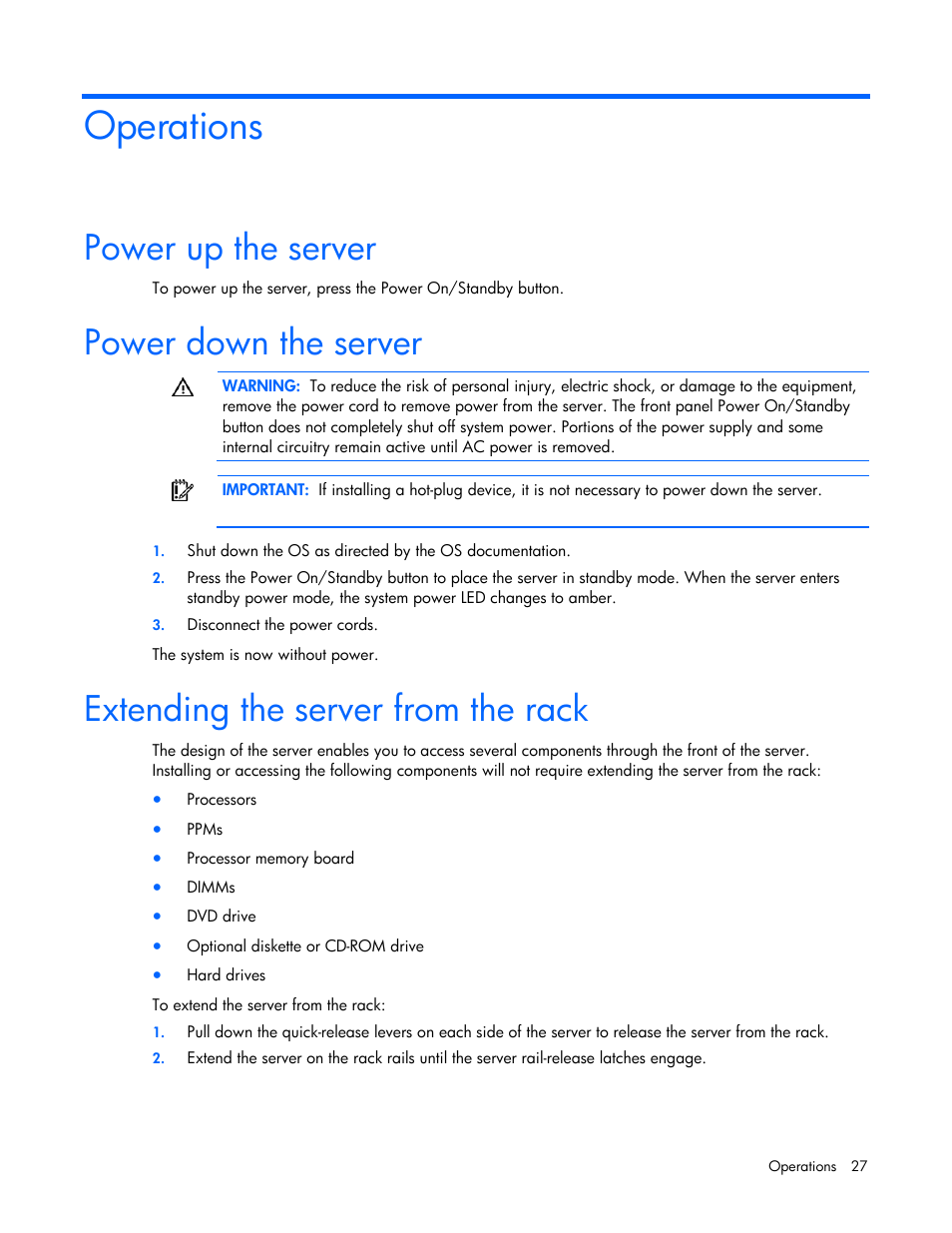 Operations, Power up the server, Power down the server | Extending the server from the rack | HP ProLiant DL585 G2 Server User Manual | Page 27 / 104