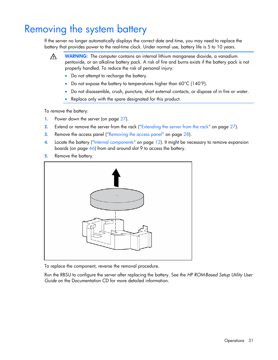 Removing the system battery | HP ProLiant DL585 G2 Server User Manual | Page 31 / 104