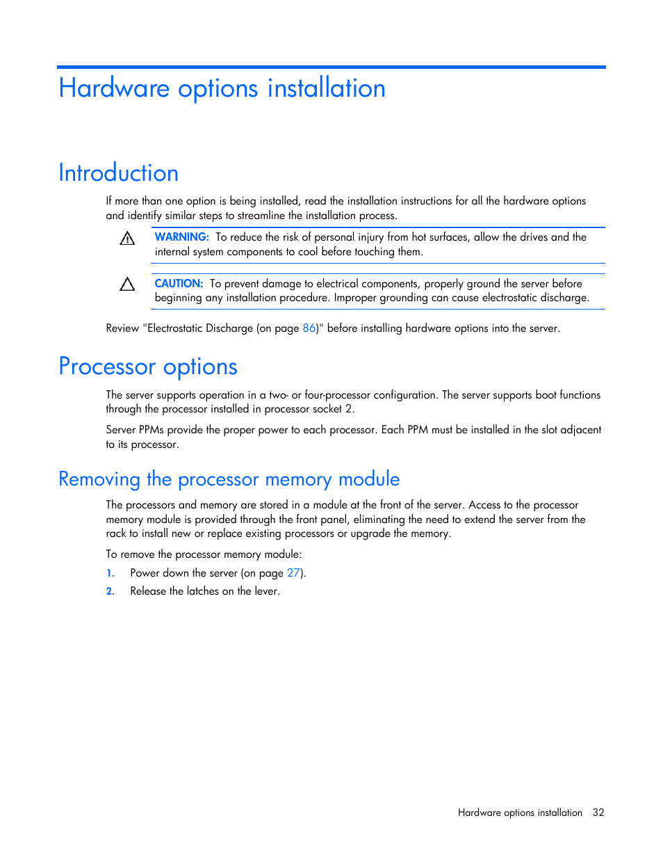 Hardware options installation, Introduction, Processor options | Removing the processor memory module | HP ProLiant DL585 G2 Server User Manual | Page 32 / 104