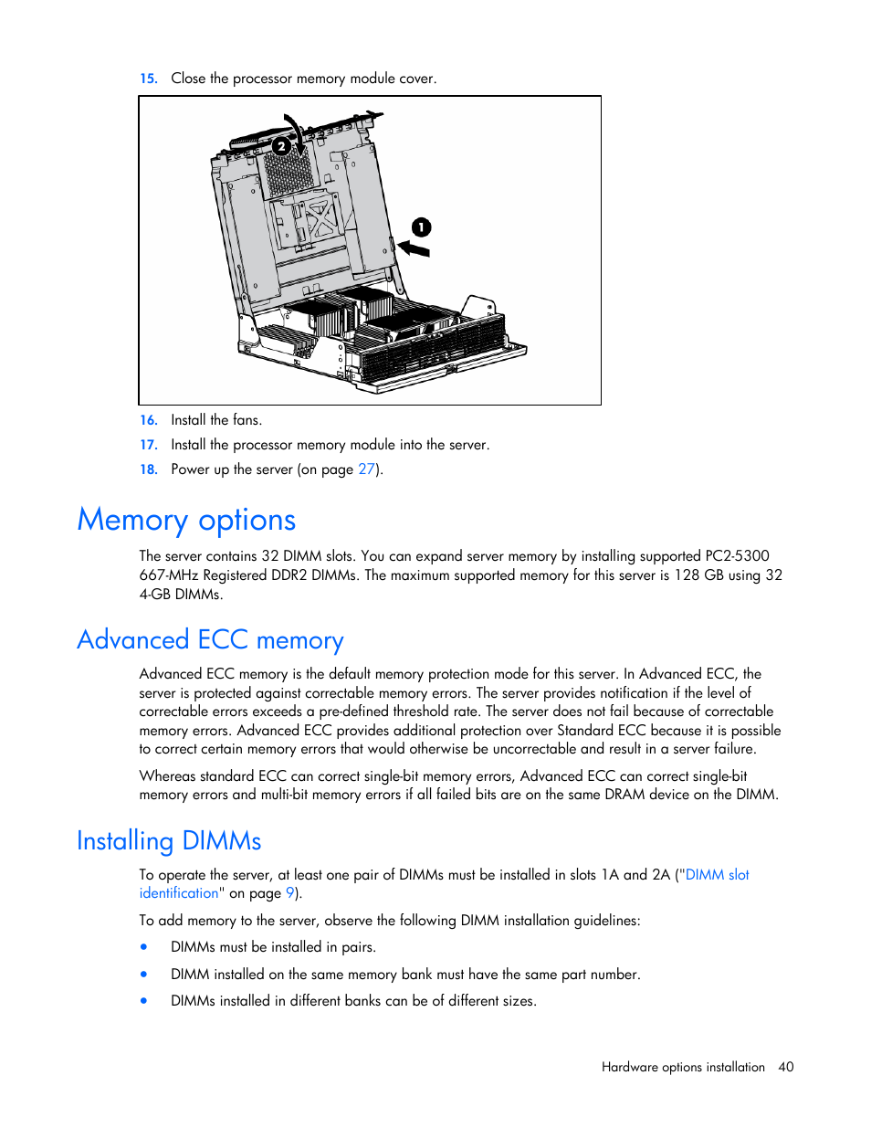 Memory options, Advanced ecc memory, Installing dimms | HP ProLiant DL585 G2 Server User Manual | Page 40 / 104