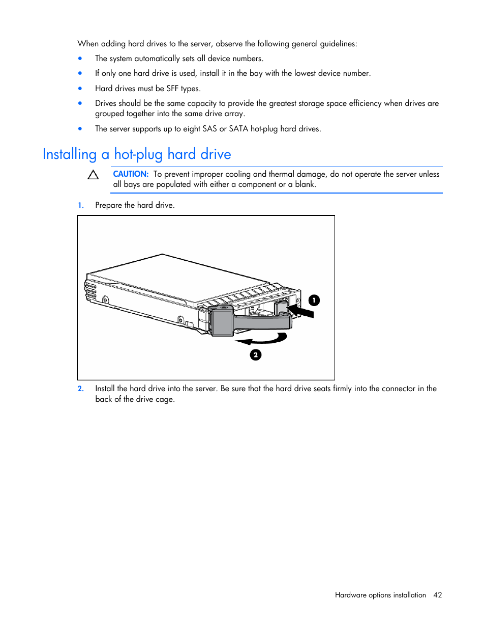 Installing a hot-plug hard drive | HP ProLiant DL585 G2 Server User Manual | Page 42 / 104