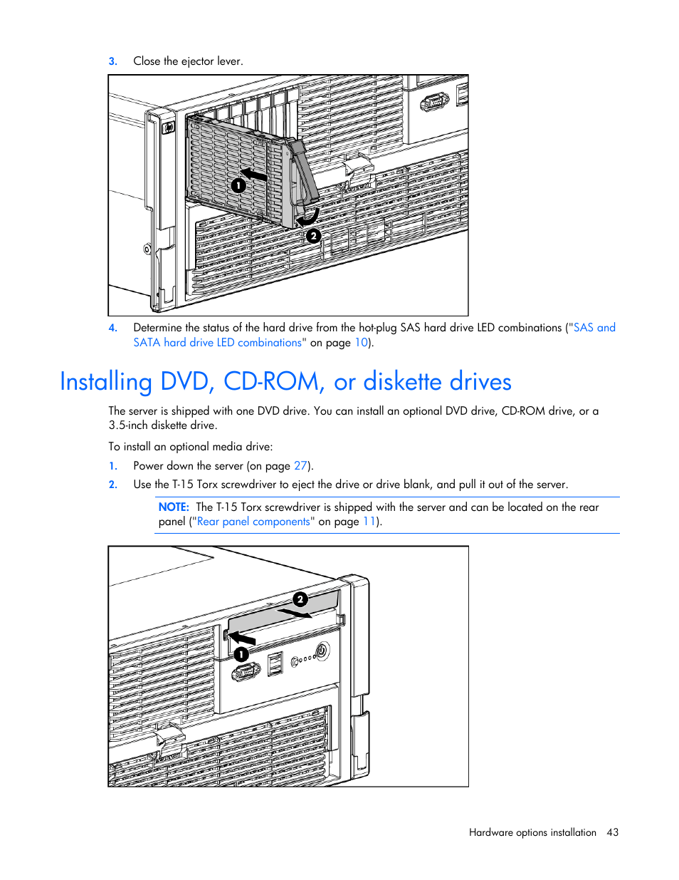 Installing dvd, cd-rom, or diskette drives | HP ProLiant DL585 G2 Server User Manual | Page 43 / 104