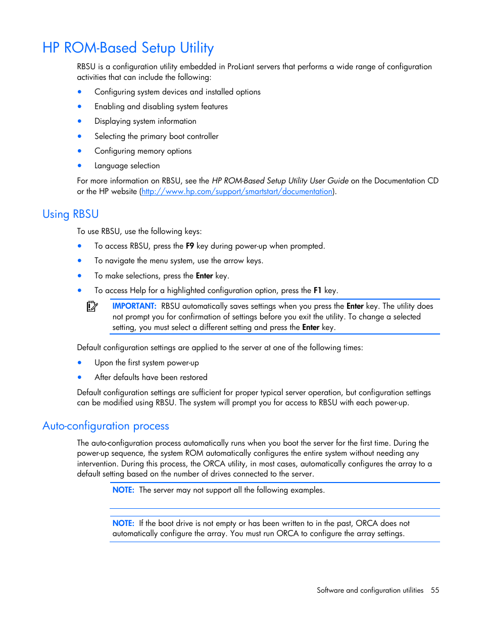 Hp rom-based setup utility, Using rbsu, Auto-configuration process | HP ProLiant DL585 G2 Server User Manual | Page 55 / 104