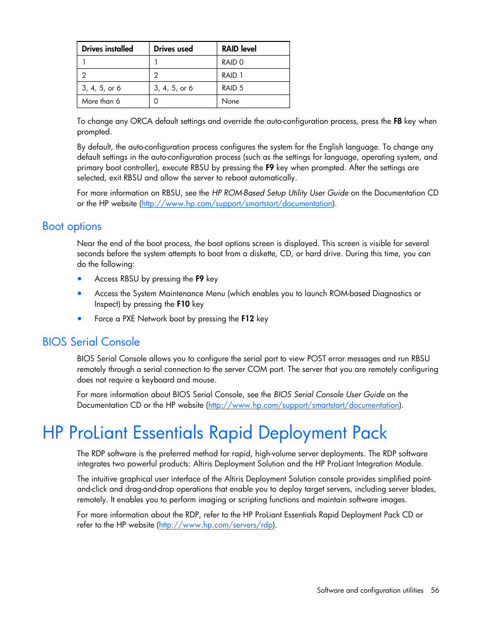 Hp proliant essentials rapid deployment pack, Boot options, Bios serial console | HP ProLiant DL585 G2 Server User Manual | Page 56 / 104