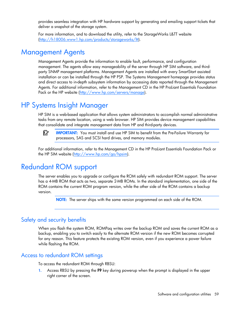 Management agents, Hp systems insight manager, Redundant rom support | Safety and security benefits, Access to redundant rom settings | HP ProLiant DL585 G2 Server User Manual | Page 59 / 104