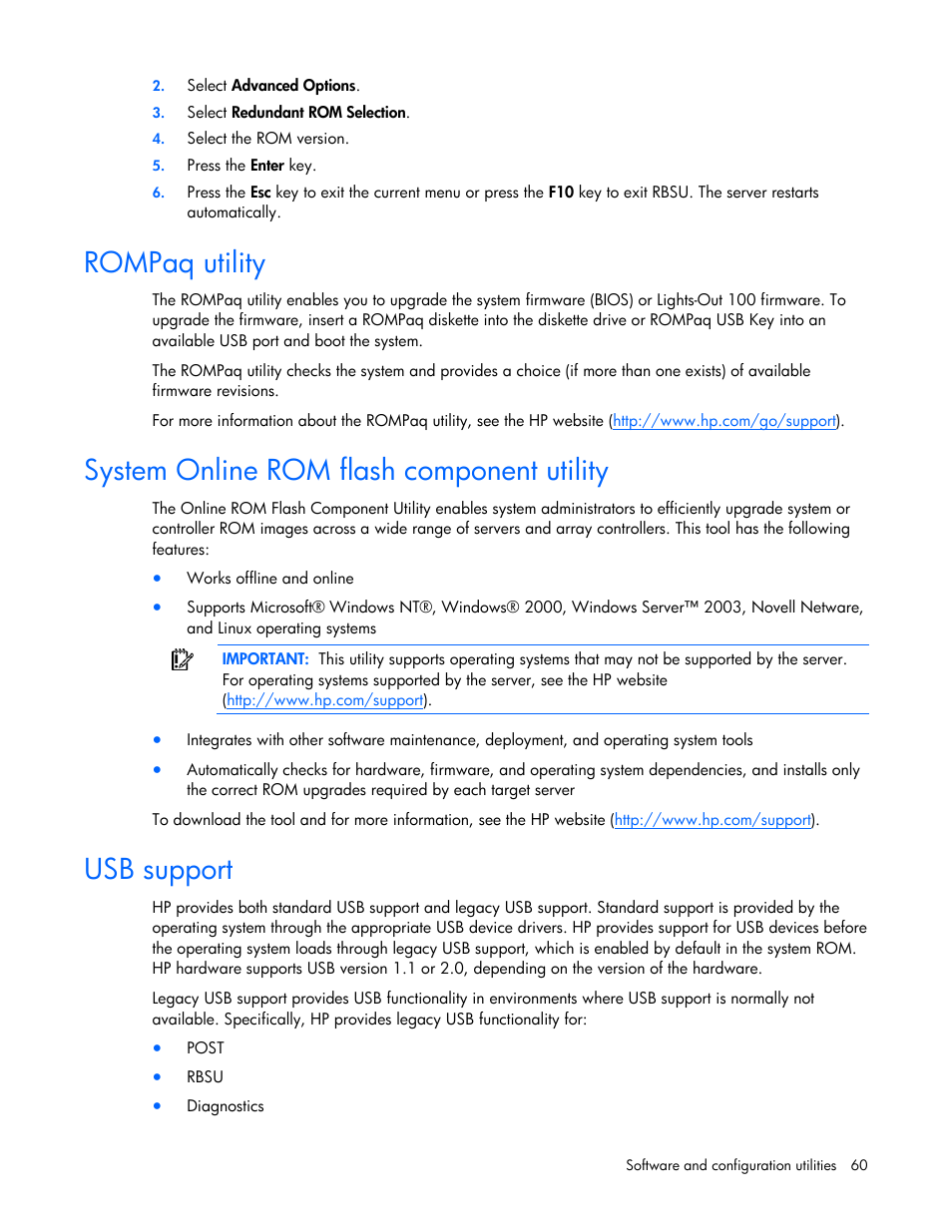 Rompaq utility, System online rom flash component utility, Usb support | HP ProLiant DL585 G2 Server User Manual | Page 60 / 104