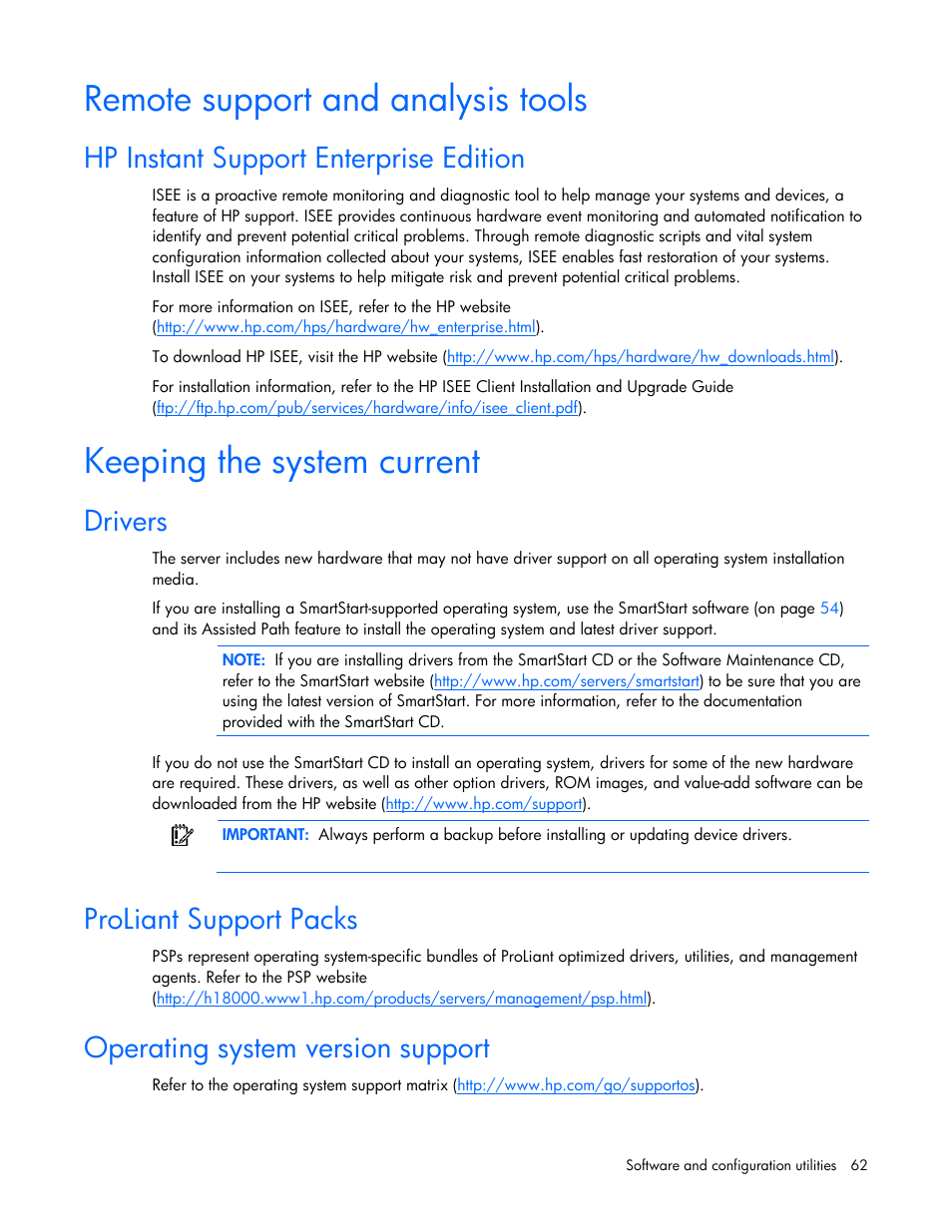 Remote support and analysis tools, Hp instant support enterprise edition, Keeping the system current | Drivers, Proliant support packs, Operating system version support | HP ProLiant DL585 G2 Server User Manual | Page 62 / 104