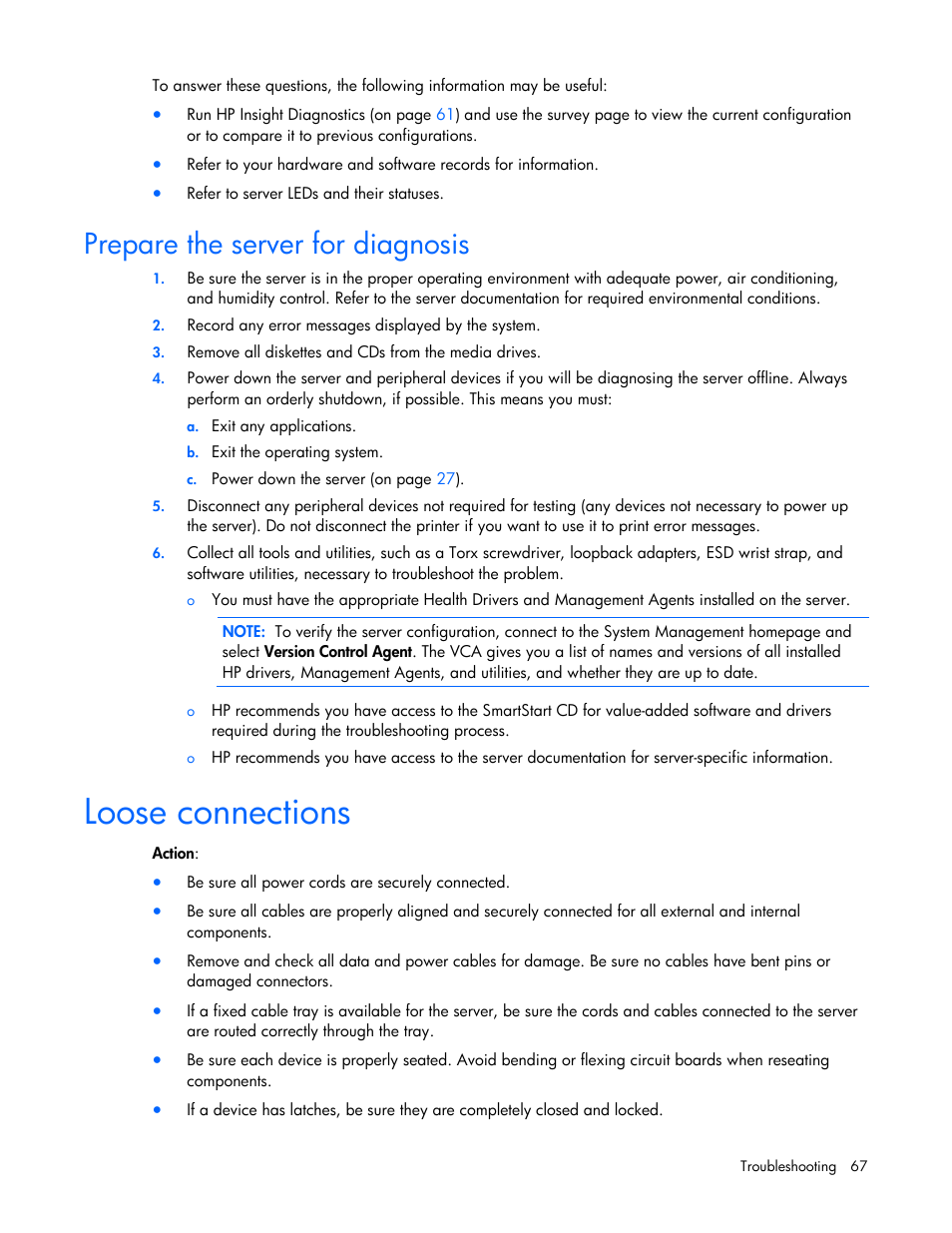 Prepare the server for diagnosis, Loose connections | HP ProLiant DL585 G2 Server User Manual | Page 67 / 104