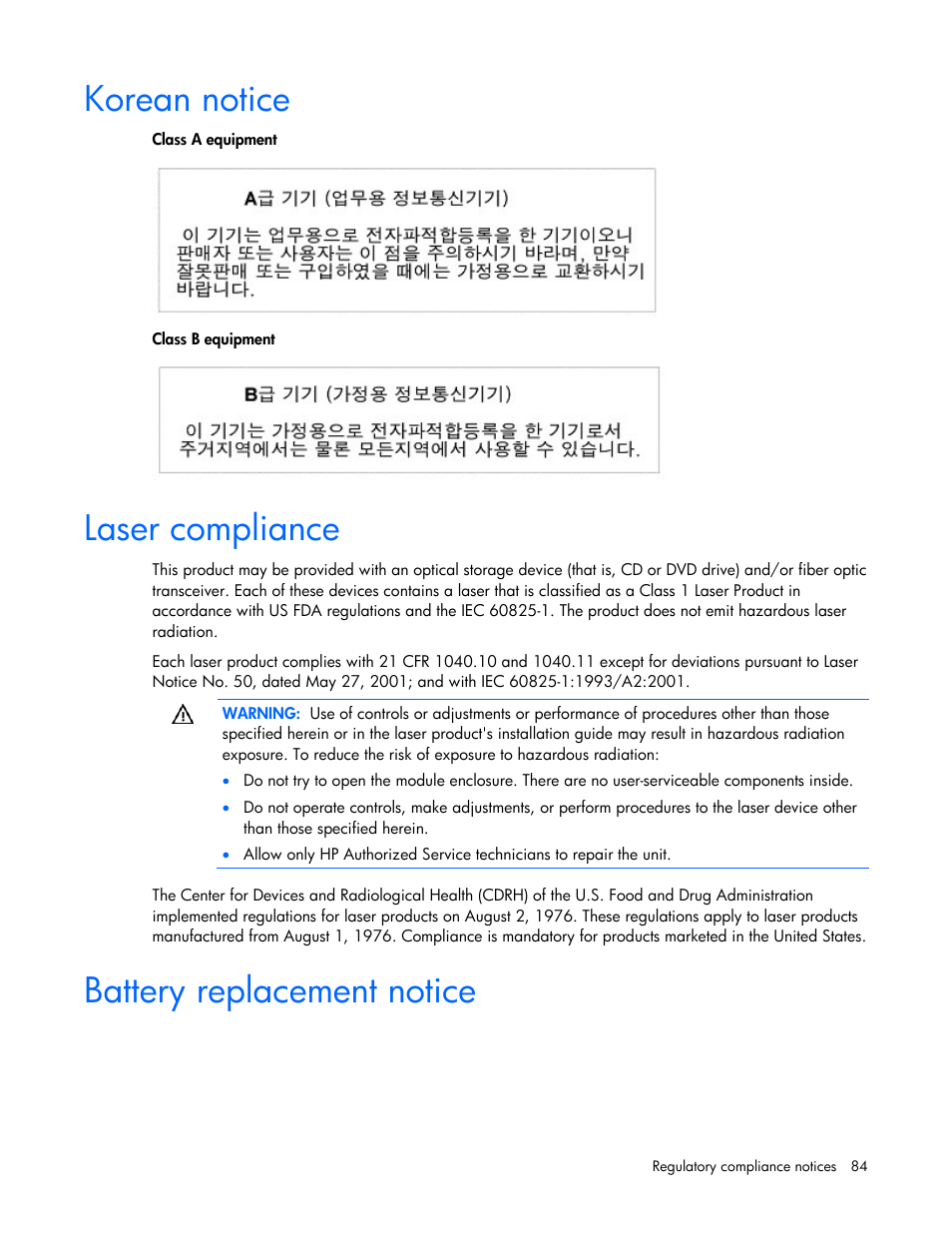 Korean notice, Laser compliance, Battery replacement notice | HP ProLiant DL585 G2 Server User Manual | Page 84 / 104