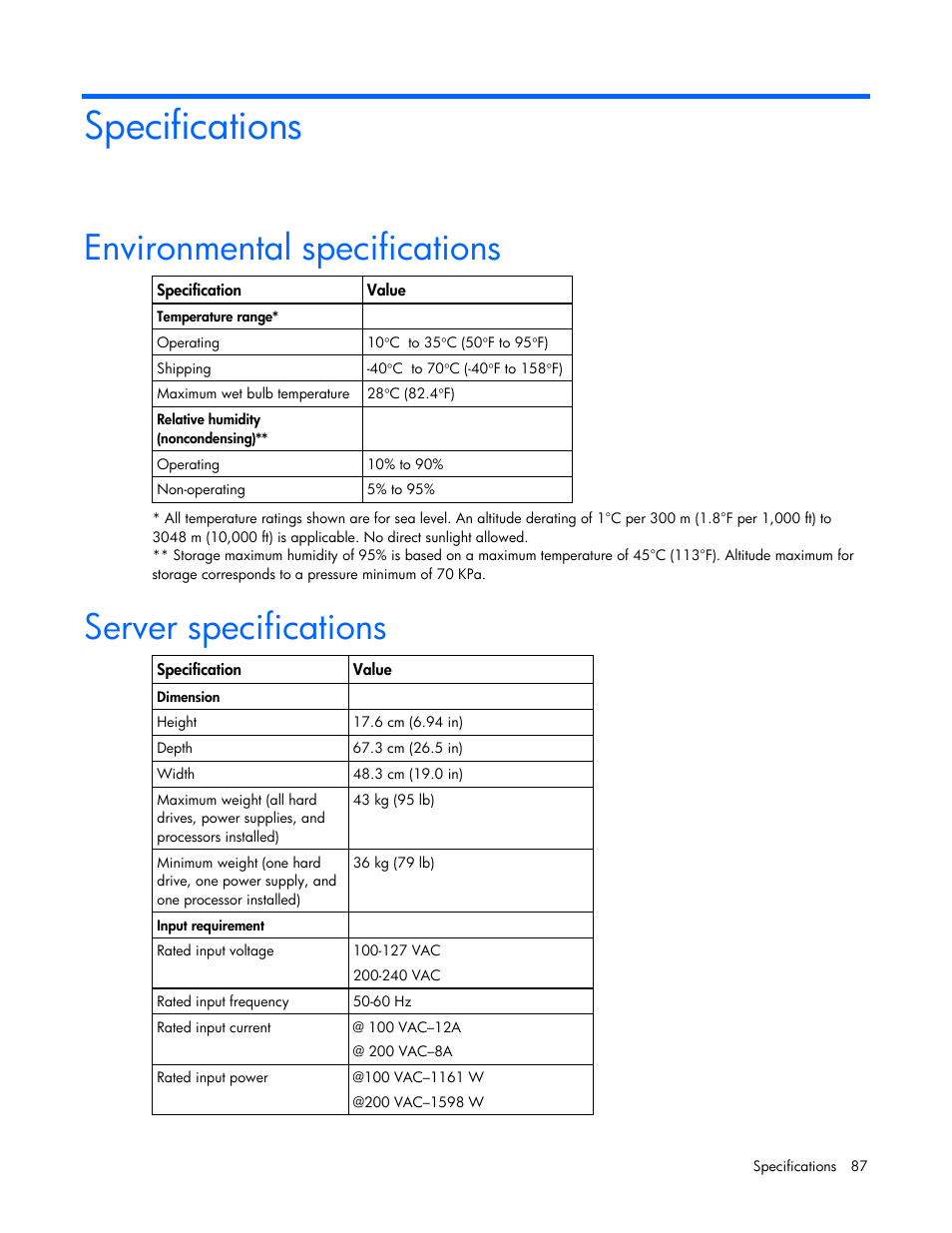 Specifications, Environmental specifications, Server specifications | HP ProLiant DL585 G2 Server User Manual | Page 87 / 104