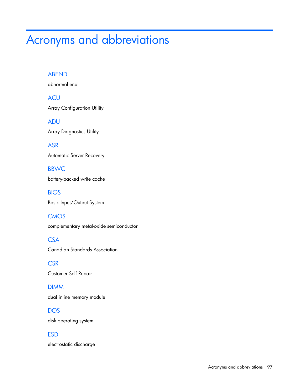 Acronyms and abbreviations | HP ProLiant DL585 G2 Server User Manual | Page 97 / 104