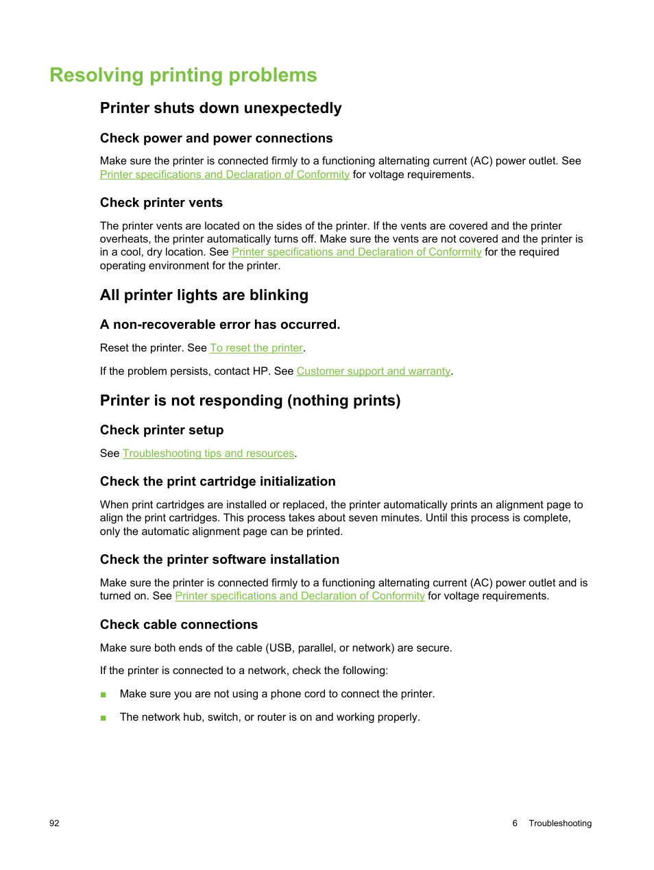 Resolving printing problems, Printer shuts down unexpectedly, Check power and power connections | Check printer vents, All printer lights are blinking, A non-recoverable error has occurred, Printer is not responding (nothing prints), Check printer setup, Check the print cartridge initialization, Check the printer software installation | HP Deskjet 9800 Printer series User Manual | Page 102 / 172