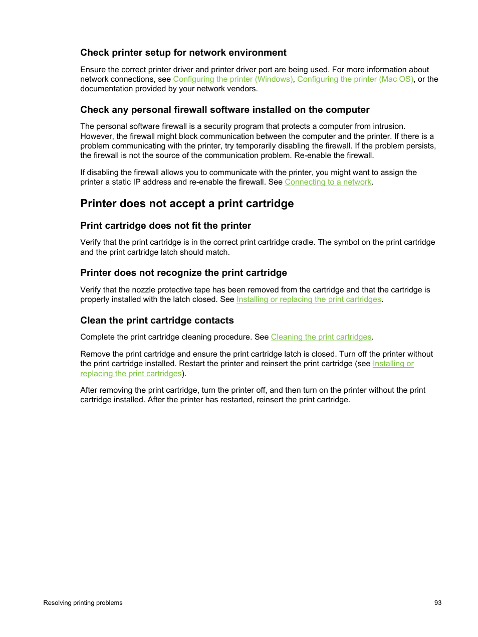 Check printer setup for network environment, Printer does not accept a print cartridge, Print cartridge does not fit the printer | Printer does not recognize the print cartridge, Clean the print cartridge contacts | HP Deskjet 9800 Printer series User Manual | Page 103 / 172