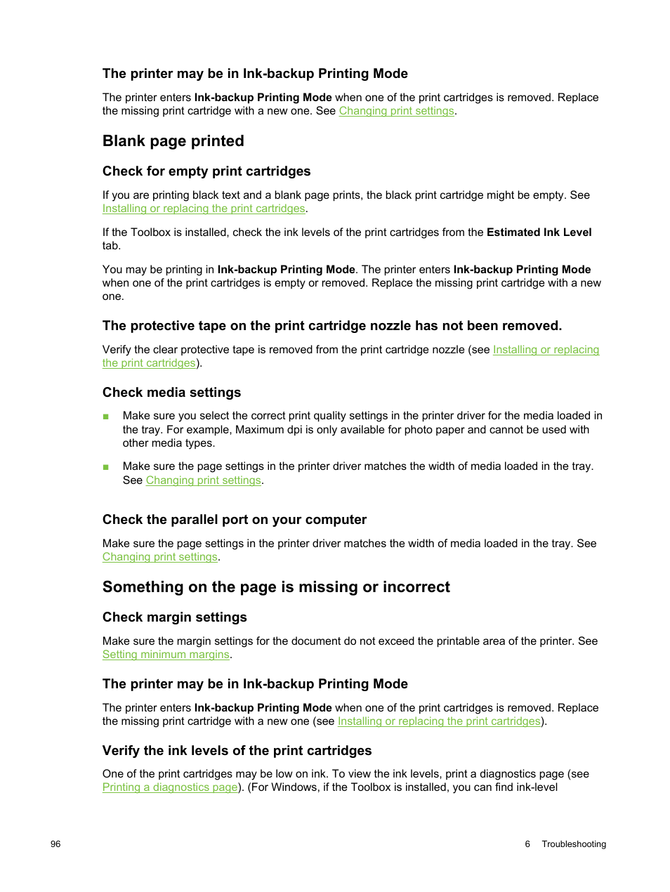 The printer may be in ink-backup printing mode, Check for empty print cartridges, Check media settings | Check the parallel port on your computer, Check margin settings, Verify the ink levels of the print cartridges, Blank page printed, Something on the page is missing or incorrect | HP Deskjet 9800 Printer series User Manual | Page 106 / 172