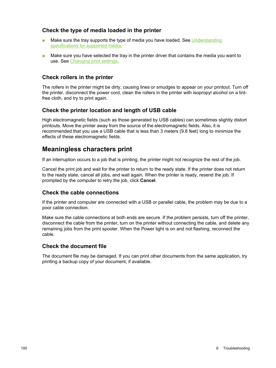 Check the type of media loaded in the printer, Check rollers in the printer, Check the printer location and length of usb cable | Meaningless characters print, Check the cable connections, Check the document file | HP Deskjet 9800 Printer series User Manual | Page 110 / 172