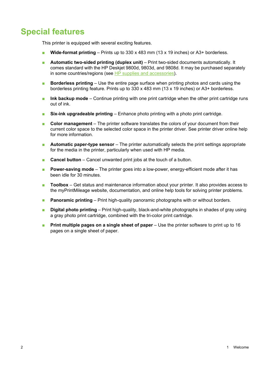 Special features | HP Deskjet 9800 Printer series User Manual | Page 12 / 172