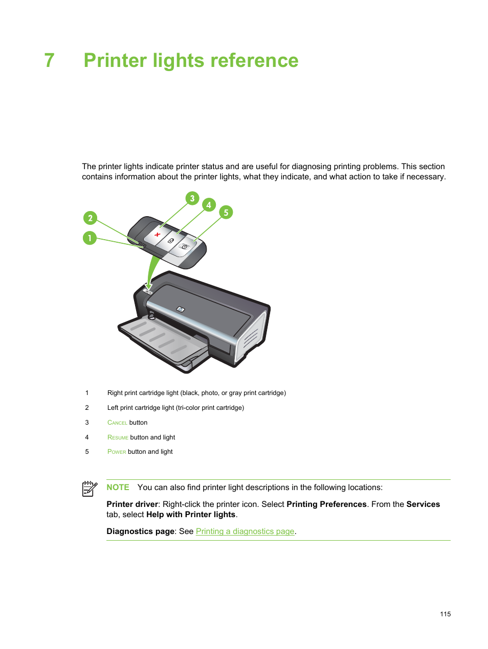 Printer lights reference, 7 printer lights reference, 7printer lights reference | HP Deskjet 9800 Printer series User Manual | Page 125 / 172