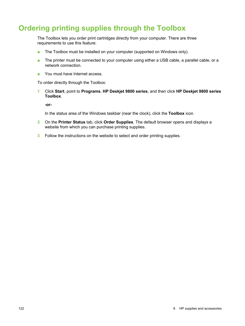 Ordering printing supplies through the toolbox | HP Deskjet 9800 Printer series User Manual | Page 132 / 172
