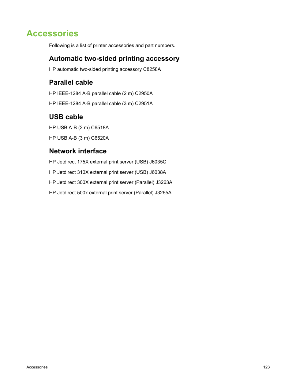 Accessories, Automatic two-sided printing accessory, Parallel cable | Usb cable, Network interface | HP Deskjet 9800 Printer series User Manual | Page 133 / 172