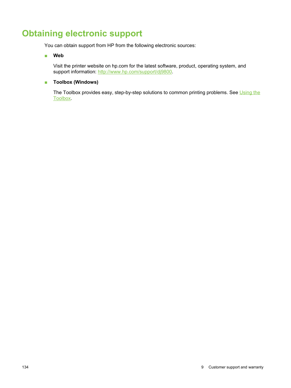 Obtaining electronic support | HP Deskjet 9800 Printer series User Manual | Page 144 / 172