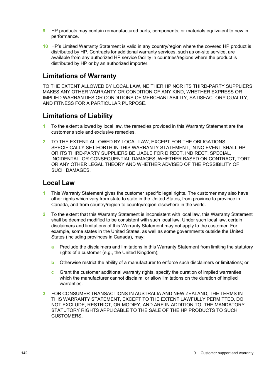 Limitations of warranty, Limitations of liability, Local law | HP Deskjet 9800 Printer series User Manual | Page 152 / 172