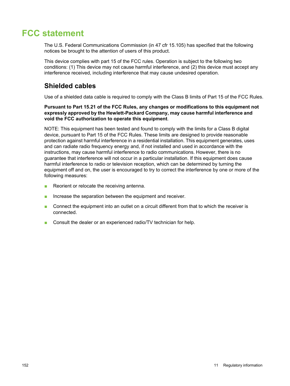 Fcc statement, Shielded cables | HP Deskjet 9800 Printer series User Manual | Page 162 / 172