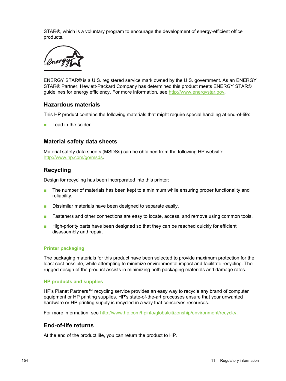 Hazardous materials, Material safety data sheets, Recycling | Printer packaging, Hp products and supplies, End-of-life returns, Printer packaging hp products and supplies | HP Deskjet 9800 Printer series User Manual | Page 164 / 172